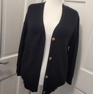 AUTOMET Black Ribbed Chunky Knit Oversized Button Front Cardigan Size Small